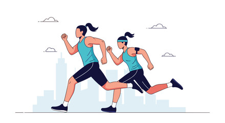 Obraz premium Two women in athletic wear running together through an urban city environment with a skyline in the background.