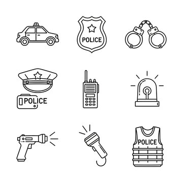 Police icons set car badge handcuffs hat radio siren gun flashlight