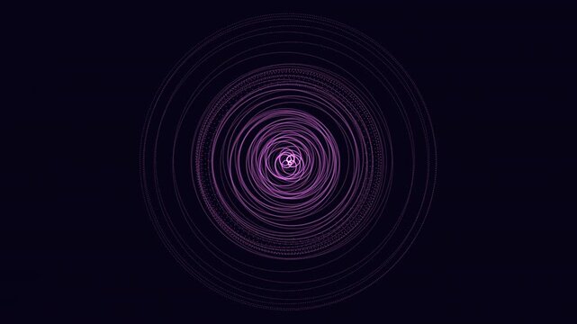 Abstract digital vortex made of purple glowing dots and circular lines swirling toward the center on a dark background, ideal for sci fi, tech, data, and motion design