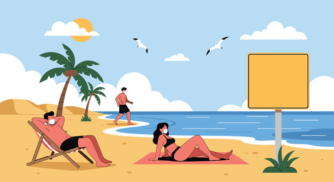 People wearing protective face masks while sunbathing and walking on a sandy beach during a summer pandemic holiday.