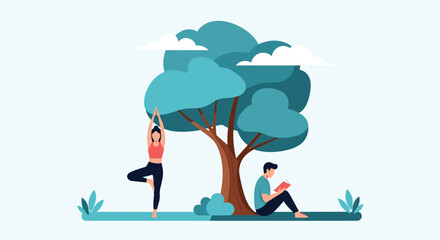 Fototapeta premium Woman practicing yoga and a man reading a book under a large shade tree in a peaceful and quiet outdoor setting.