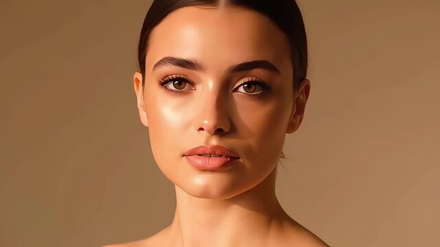Close-up beauty shot of a young woman's natural face with glowing skin, posing serenely against a warm, neutral background.