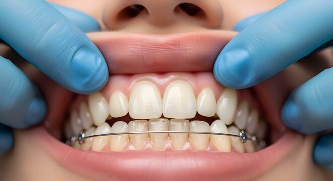 Close up of a person's mouth with braces showing dental orthodontic treatment and oral hygiene