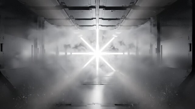 Abstract animation of a sci-fi corridor where a luminous star pattern emerges from smoke, filling the space.