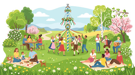 Naklejka premium Illustration of people celebrating May Day in Germany with a traditional dance around a colorful maypole, surrounded by trees and flowers in a park on a sunny day with a joyful atmosphere.