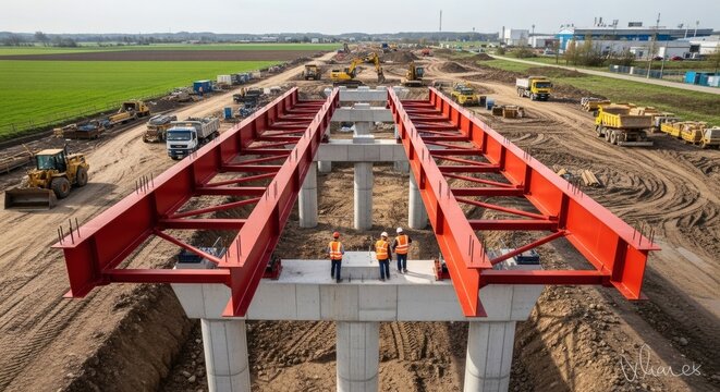 construction workers on a bridge framework with heavy machinery