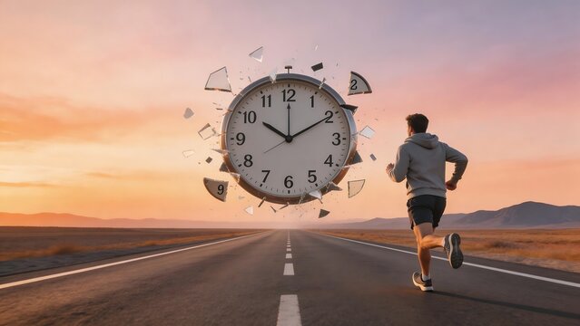 Man running on road with shattered clock