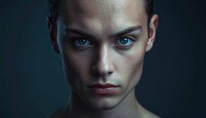 Obraz premium Young woman portrait with intense blue eyes and soft dramatic lighting