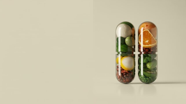 Floating nutrient capsules shaped like supplements with fruits and vegetables inside
