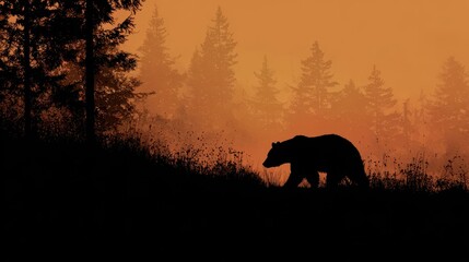 Naklejka premium Bear silhouette walking in misty forest at sunset, wild animal in natural habitat.