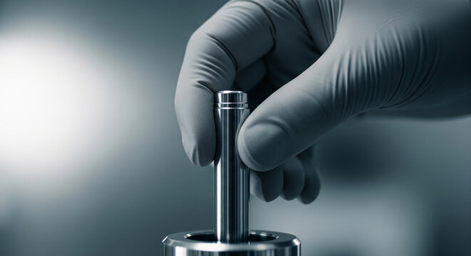 Uranium Fuel Rod Insertion With Gloved Hand In Clean Laboratory Nuclear Handling Scene JPG