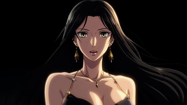 Elegant Female Anime Character Portrait with Long Black Hair and Jewelry