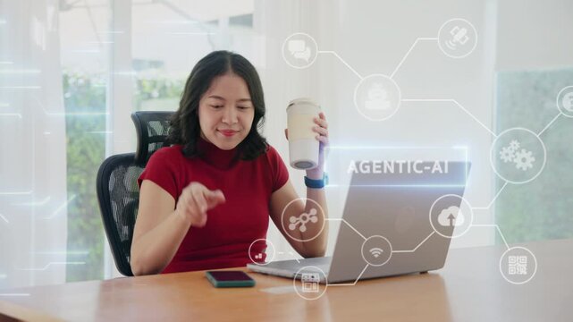 Young asian woman happy smile using search on phone Agent AI app retail shop store pay buy at home Modern Agentic bot order assisted people easy booking hotel ticket vacation smart life virtual wallet