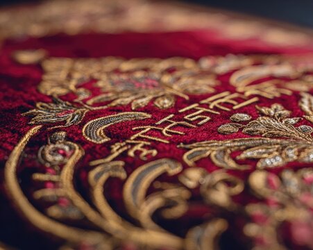 A close-up of the Palki (canopy) of the Guru Granth Sahib, rich gold embroidery on red velvet, intricate details, selective focus on the texture, soft diffused light