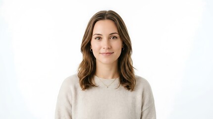 Obraz premium Portrait of a smiling young woman with brown hair in a light sweater, isolated on a white background. Perfect for lifestyle & business