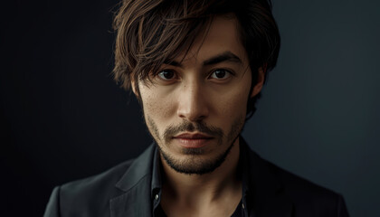 Obraz premium Young man with intense gaze and soft film grain portrait