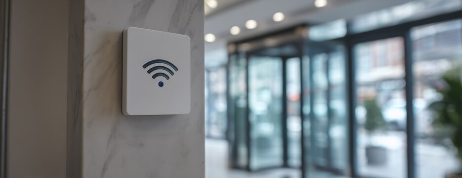 Modern Wi-Fi router installed on wall in contemporary office lobby  