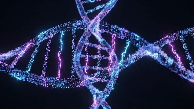 Abstract glowing DNA double helix animation. Vibrant particles and neon lights illustrate genetic replication and biotechnology.