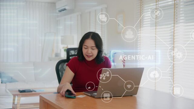 Young asian woman happy smile using search on phone Agent AI app retail shop store pay buy at home Modern Agentic bot order assisted people easy booking hotel ticket vacation smart life virtual wallet