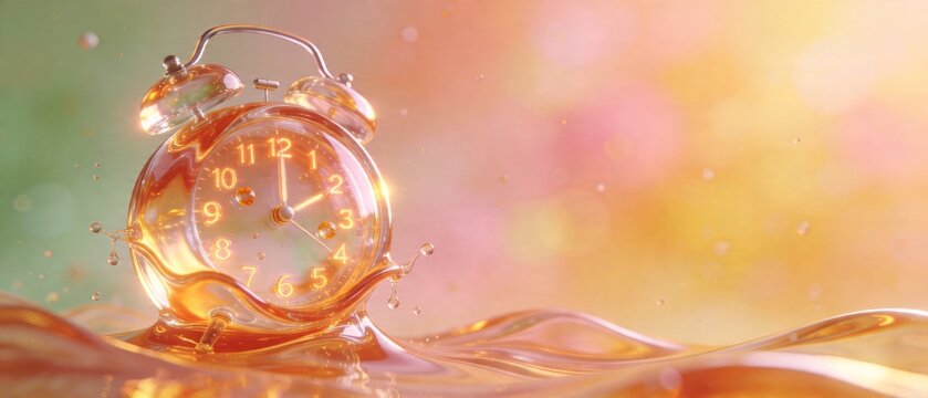 An alarm clock bursts into water with colorful splashes surrounding it.