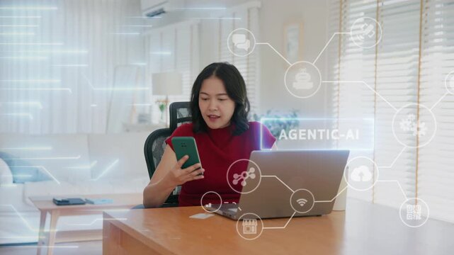 Young asian woman happy smile using search on phone Agent AI app retail shop store pay buy at home Modern Agentic bot order assisted people easy booking hotel ticket vacation smart life virtual wallet