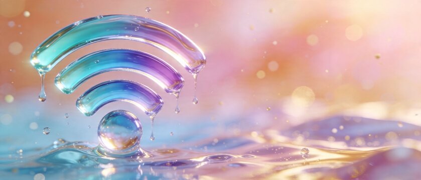 A futuristic WiFi symbol emerges from rippling water with colorful lights.