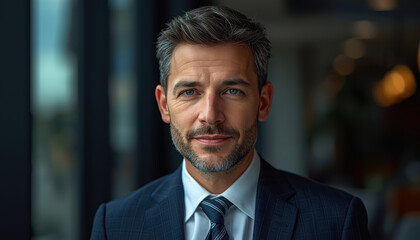 Fototapeta premium Handsome confident businessman portrait with blue eyes and beard in suit