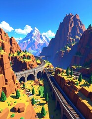Obraz premium Vibrant Train Tracks Winding Through a Colorful Mountain Landscape with Snow-Capped Peaks.