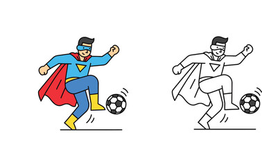 Fototapeta premium Cartoon superhero playing soccer vector illustration. Comic character kicking football, colored and black and white outline for coloring book.