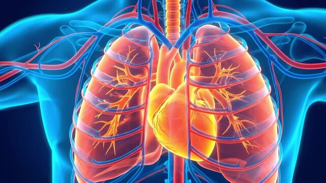3d anatomical visualization of human heart and lungs with circulatory system, suitable for medical education, healthcare research, health presentations.