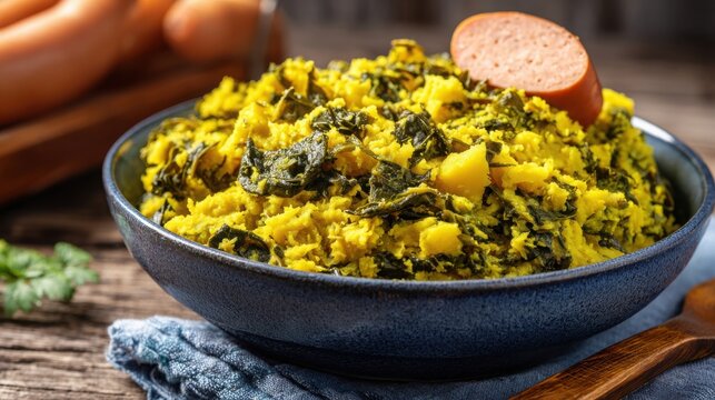 Hearty Dutch Stamppot with Mashed Potatoes and Greens served in a Rustic Bowl