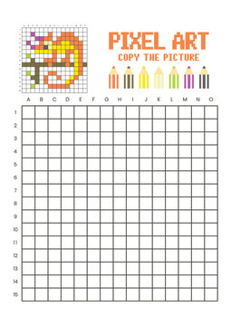 Copy the picture grid drawing worksheet for kids. Pixel art chameleon