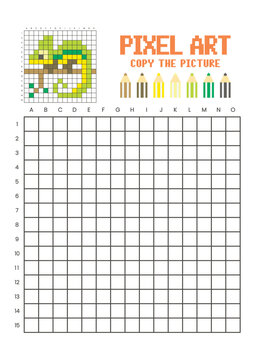 Copy the picture grid drawing worksheet for kids. Pixel art chameleon