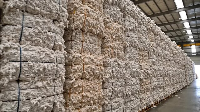 Stacked cotton bales inside industrial warehouse with natural daylight