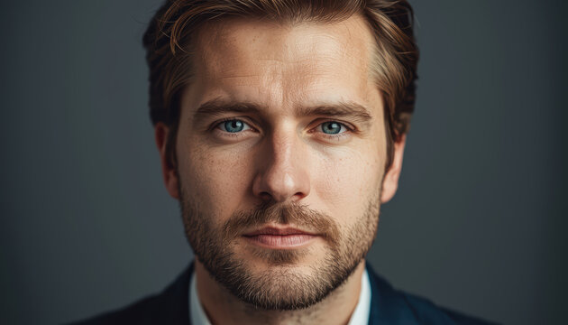 Young man with blue eyes close up portrait showing confident expression and stubble