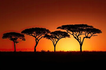 Fototapeta premium Dramatic African savanna sunset with iconic acacia tree silhouettes against a vibrant golden and orange sky.