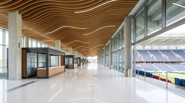 Modern stadium interior with wavy wooden ceiling and glass walls