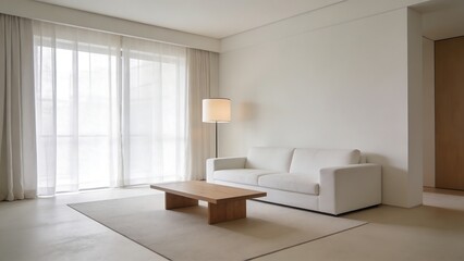 Fototapeta premium Generative Ai a minimalist living room with white walls and large windows