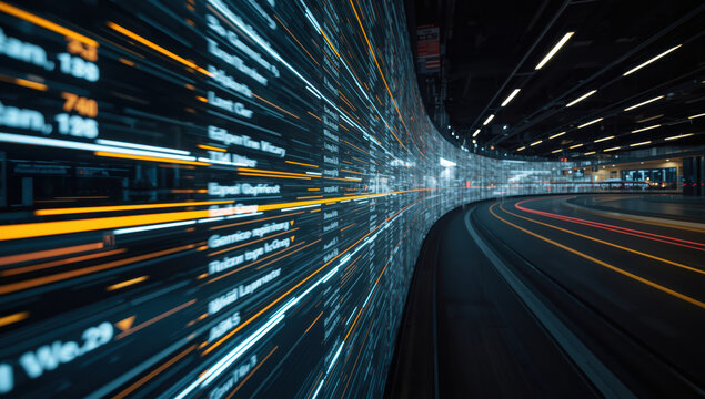 Curved digital information tunnel with motion blur and glowing data lines