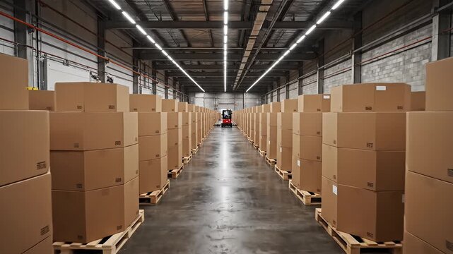 Warehouse interior with rows of stacked boxes and forklift