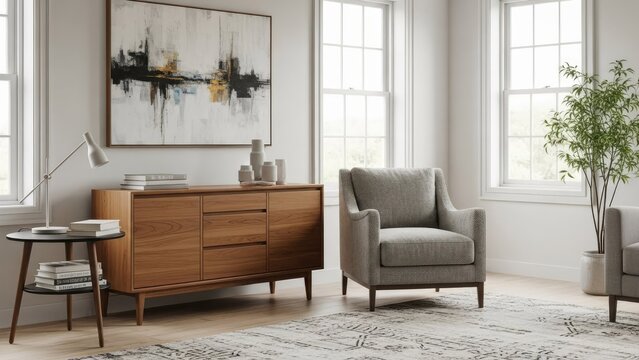 A modern living room with a gray armchair and wooden dresser