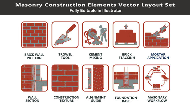 Masonry construction vector icons set, top view brick wall patterns, trowel, mortar application, foundation base, alignment guides, CAD workflow symbols