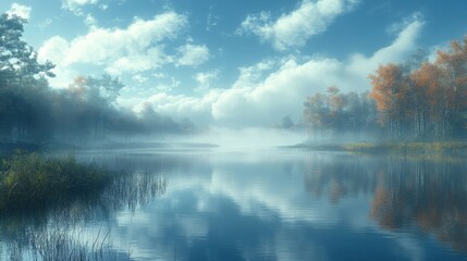 Fototapeta premium Misty Autumn Lake With Golden Trees and Reflecting Sky Under Wispy Clouds
