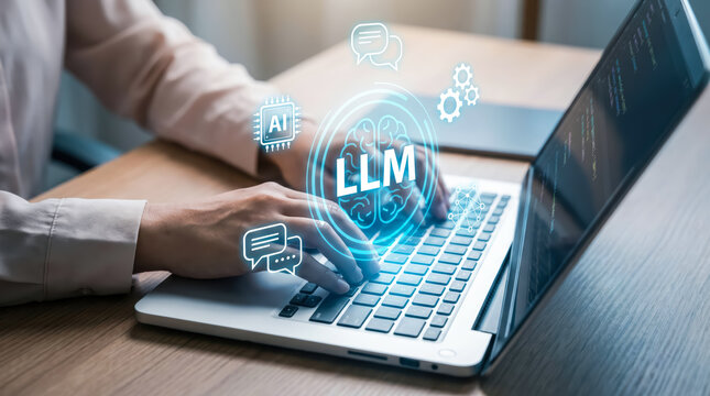 Person typing on a laptop with digital ai and llm large language model icons floating above the keyboard