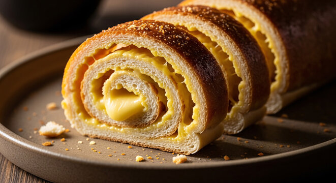 Sliced custard swirl bread filled with creamy vanilla custard on a plate