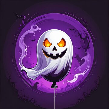 Glowing Halloween Ghost with Fiery Eyes in Spooky Purple Swirl Background