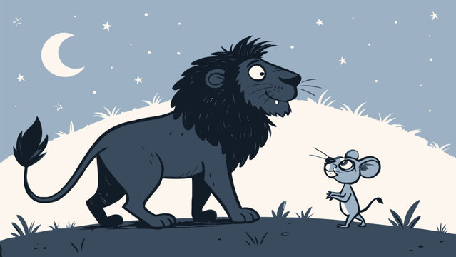 A cartoon lion and mouse standing together under a starry night sky