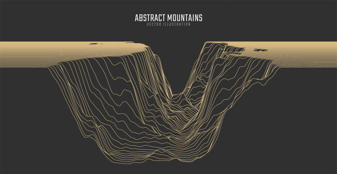 Contour mountain landscape. Waved line art. Abstract minimal topographic map. Contour lines with elevations and terrain depth. Vector illustration.