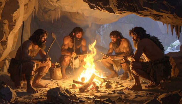 Four primitive humans gathered around a warm fire in a cave