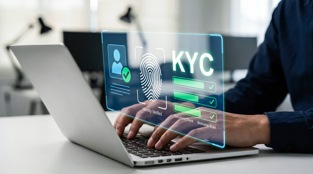 Closeup of a person using a laptop with a digital kyc know your customer identity verification interface overlay